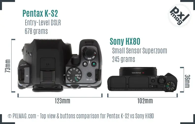 Pentax K-S2 vs Sony HX80 top view buttons comparison Pentax K-S2 vs Sony HX80 top view buttons comparison