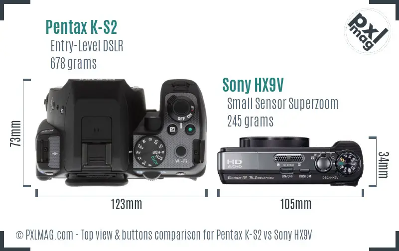 Pentax K-S2 vs Sony HX9V top view buttons comparison