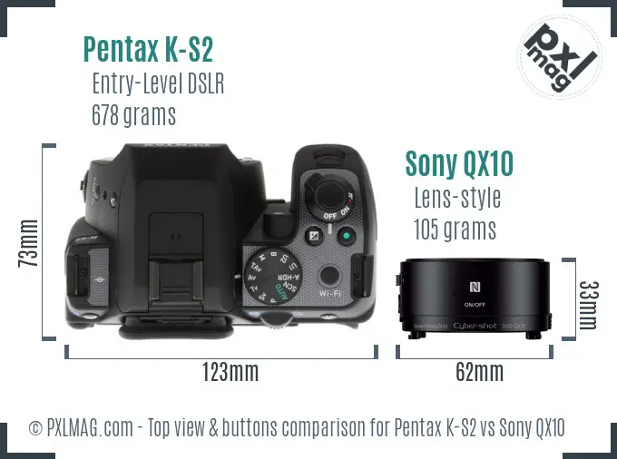 Pentax K-S2 vs Sony QX10 top view buttons comparison