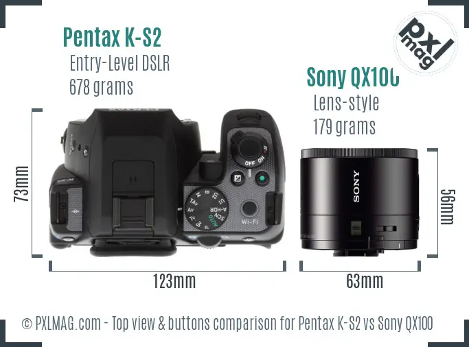 Pentax K-S2 vs Sony QX100 top view buttons comparison Pentax K-S2 vs Sony QX100 top view buttons comparison