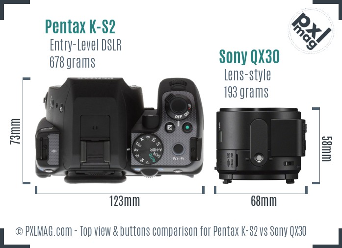 Pentax K-S2 vs Sony QX30 top view buttons comparison