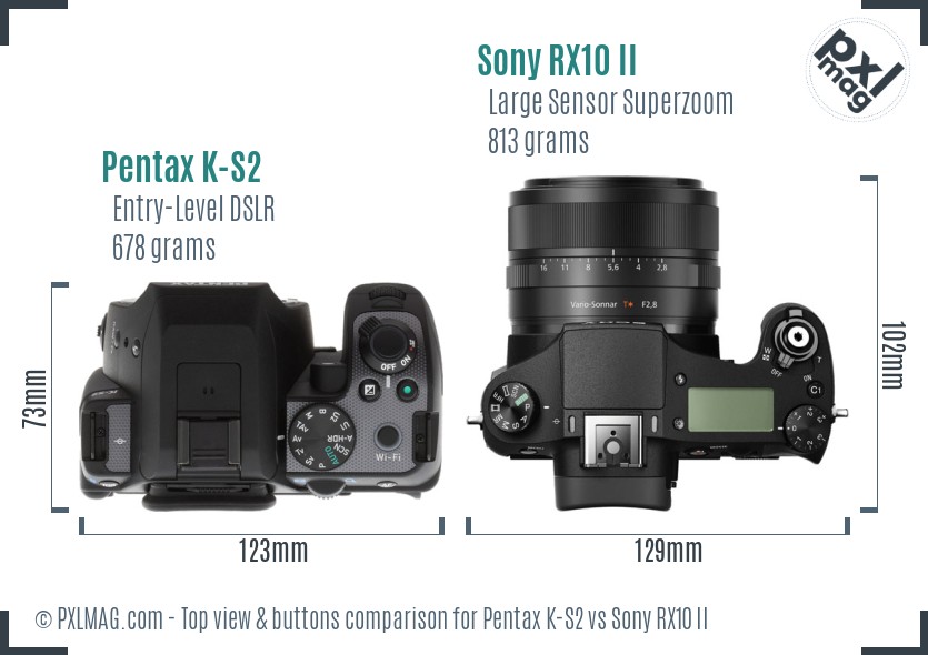 Pentax K-S2 vs Sony RX10 II top view buttons comparison