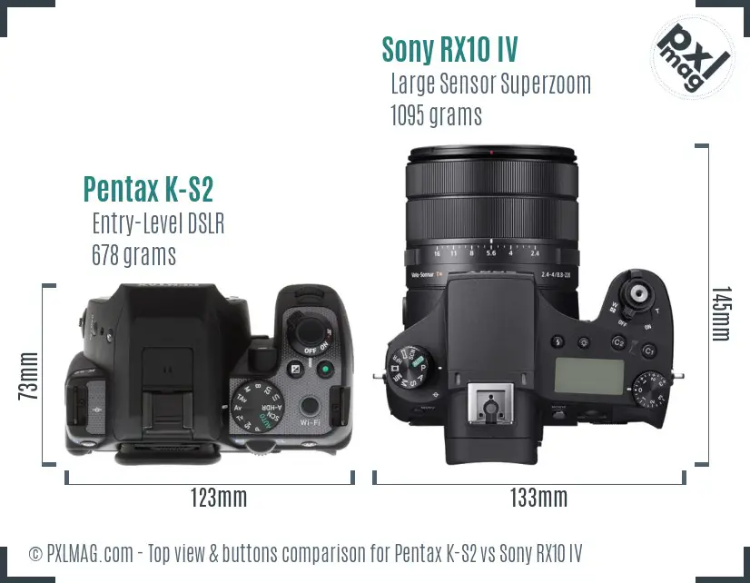 Pentax K-S2 vs Sony RX10 IV top view buttons comparison