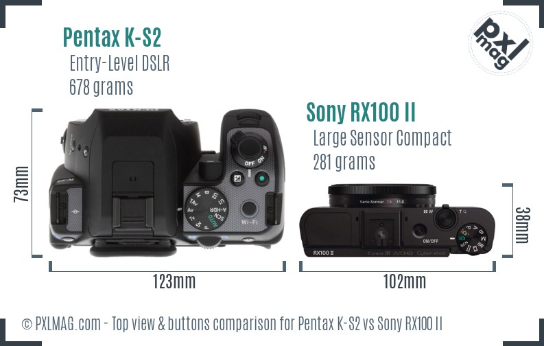 Pentax K-S2 vs Sony RX100 II top view buttons comparison