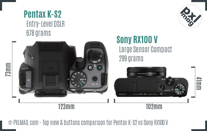 Pentax K-S2 vs Sony RX100 V top view buttons comparison