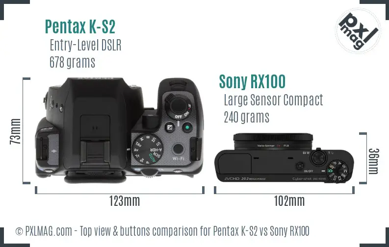 Pentax K-S2 vs Sony RX100 top view buttons comparison