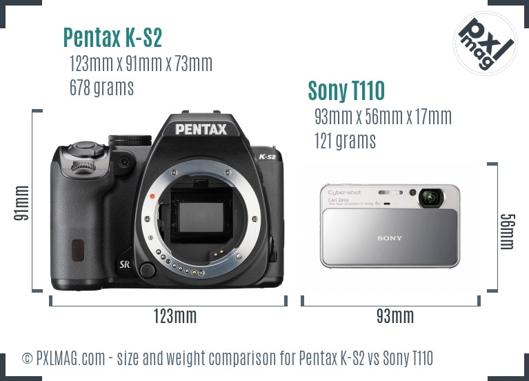 Pentax K-S2 vs Sony T110 size comparison
