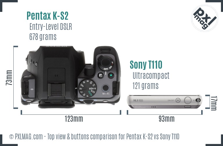 Pentax K-S2 vs Sony T110 top view buttons comparison