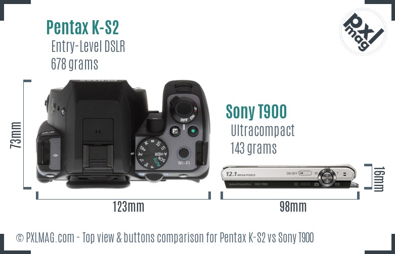 Pentax K-S2 vs Sony T900 top view buttons comparison