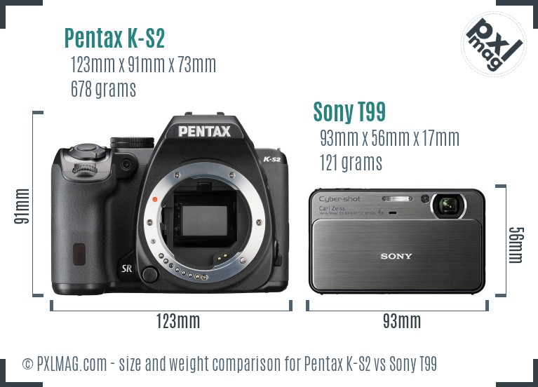 Pentax K-S2 vs Sony T99 size comparison