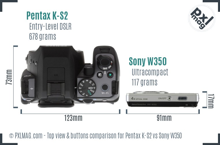 Pentax K-S2 vs Sony W350 top view buttons comparison