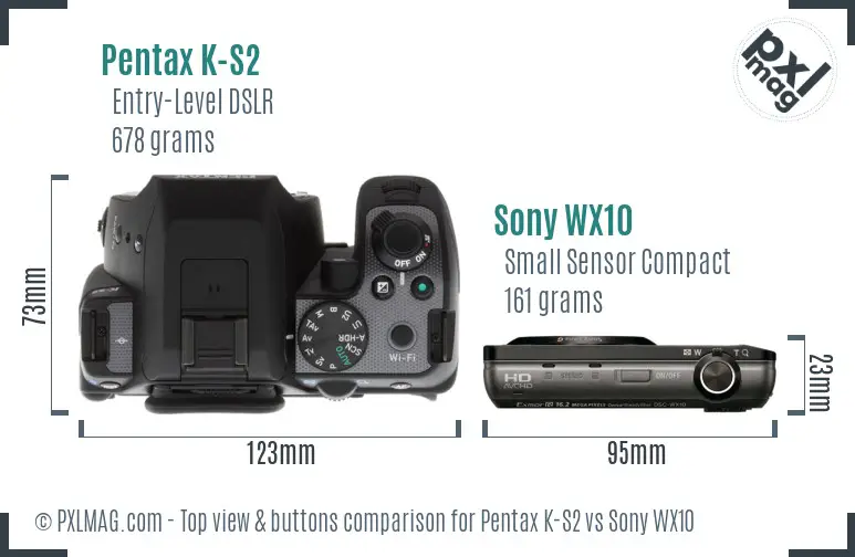 Pentax K-S2 vs Sony WX10 top view buttons comparison