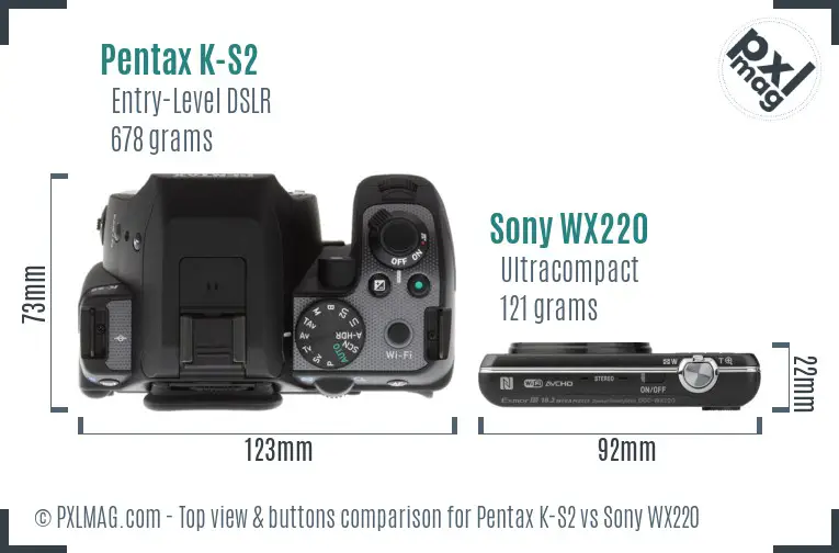 Pentax K-S2 vs Sony WX220 top view buttons comparison Pentax K-S2 vs Sony WX220 top view buttons comparison