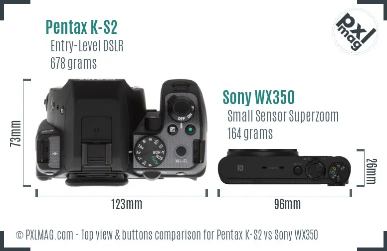 Pentax K-S2 vs Sony WX350 top view buttons comparison