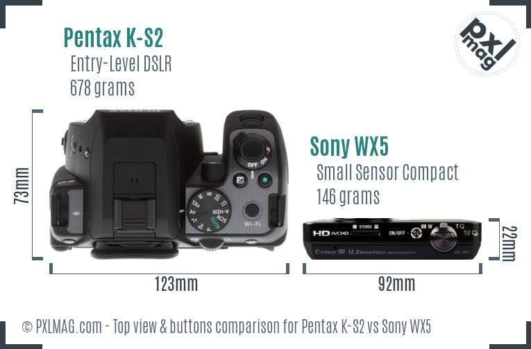 Pentax K-S2 vs Sony WX5 top view buttons comparison