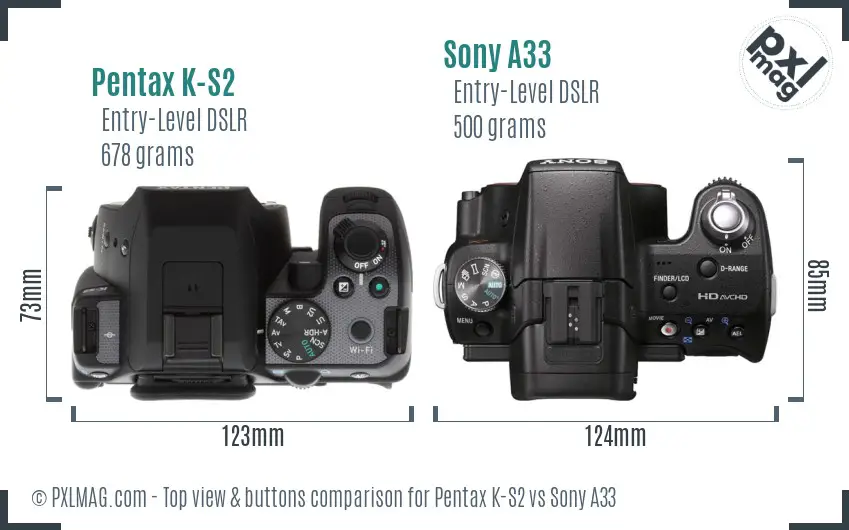Pentax K-S2 vs Sony A33 top view buttons comparison