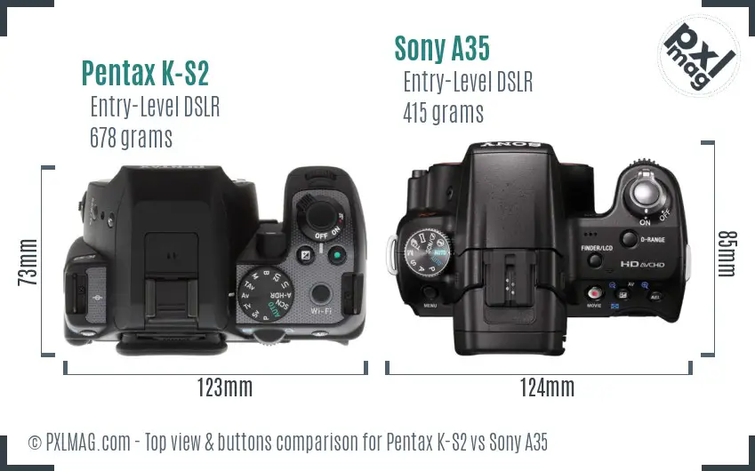 Pentax K-S2 vs Sony A35 top view buttons comparison