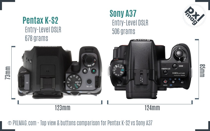 Pentax K-S2 vs Sony A37 top view buttons comparison