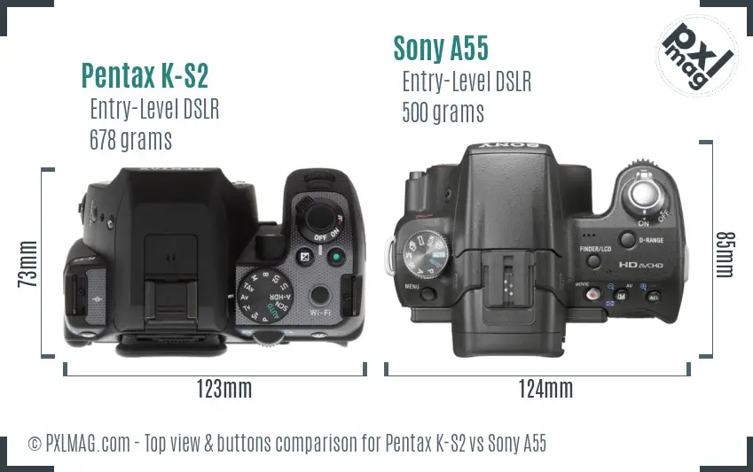 Pentax K-S2 vs Sony A55 top view buttons comparison