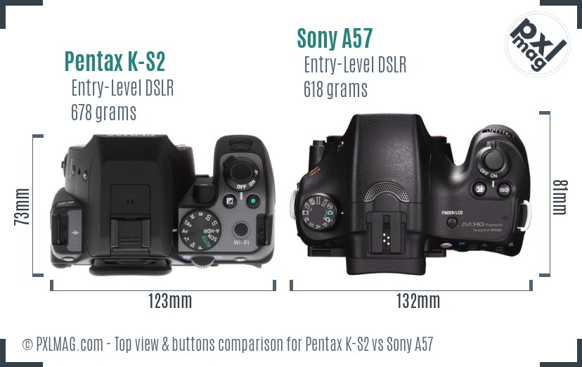 Pentax K-S2 vs Sony A57 top view buttons comparison