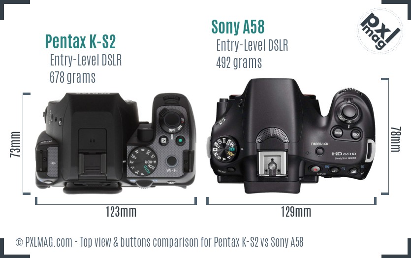 Pentax K-S2 vs Sony A58 top view buttons comparison