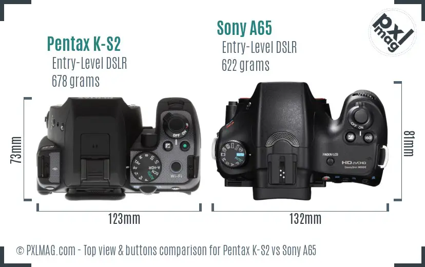 Pentax K-S2 vs Sony A65 top view buttons comparison