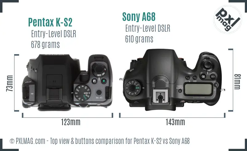 Pentax K-S2 vs Sony A68 top view buttons comparison