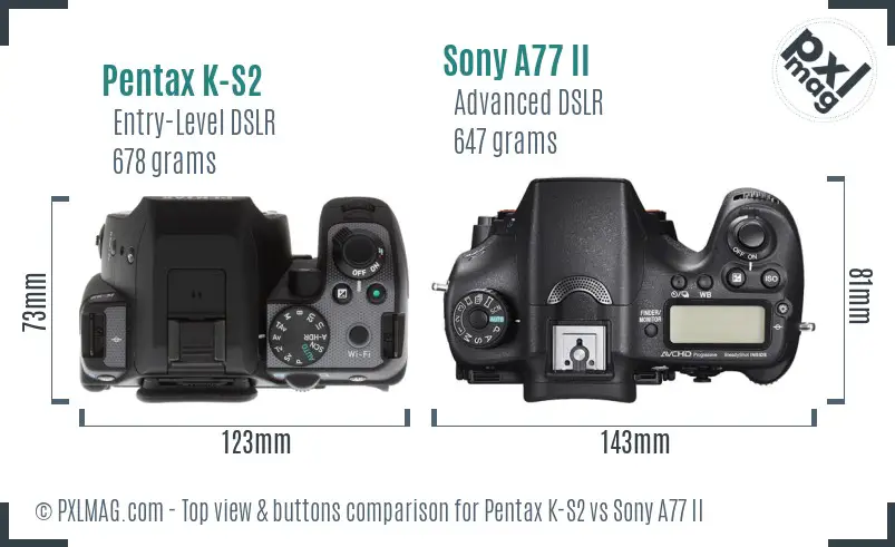 Pentax K-S2 vs Sony A77 II top view buttons comparison