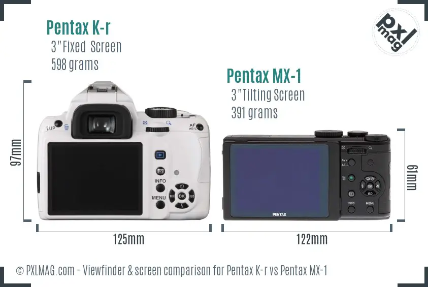Pentax K-r vs Pentax MX-1 Screen and Viewfinder comparison