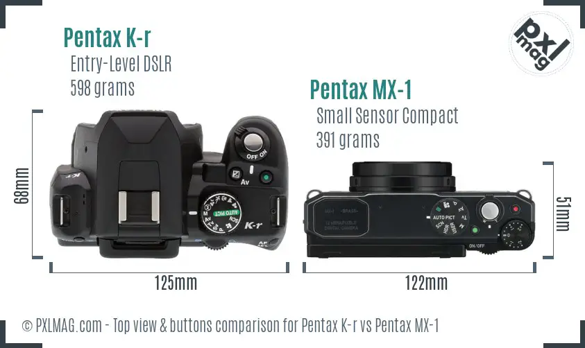 Pentax K-r vs Pentax MX-1 top view buttons comparison