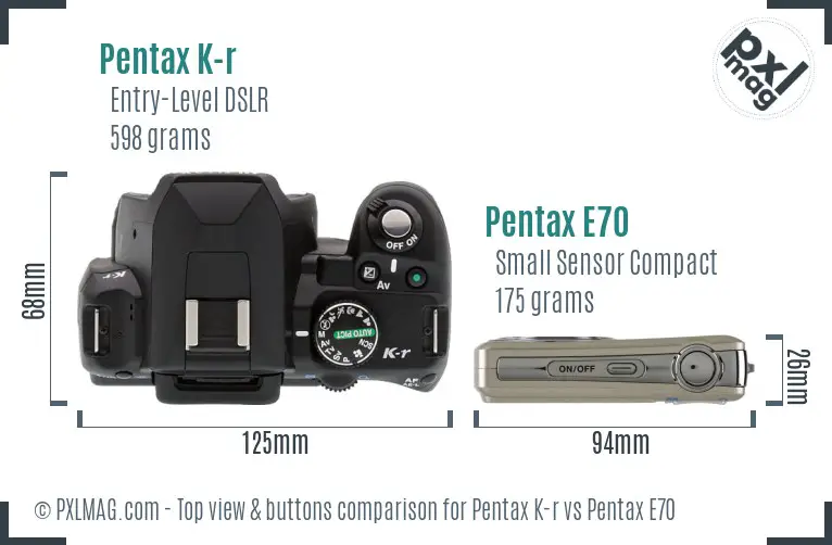 Pentax K-r vs Pentax E70 top view buttons comparison