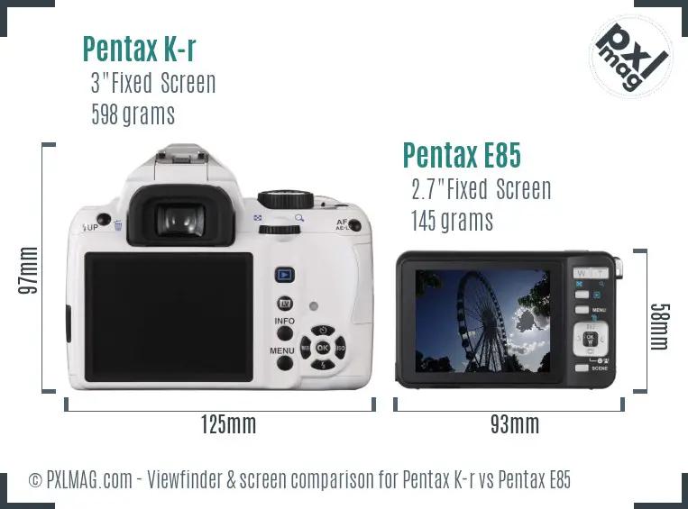Pentax K-r vs Pentax E85 Screen and Viewfinder comparison
