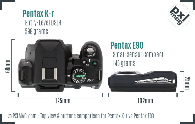 Pentax K-r vs Pentax E90 top view buttons comparison