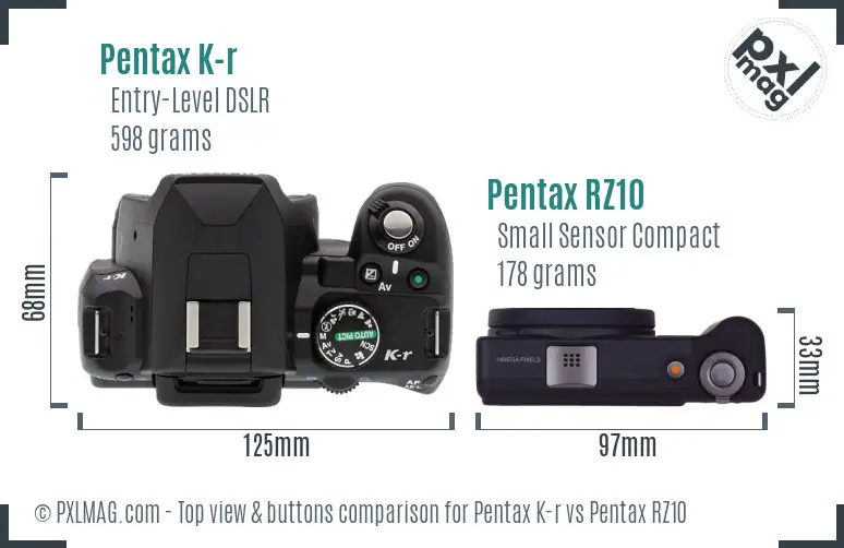 Pentax K-r vs Pentax RZ10 top view buttons comparison