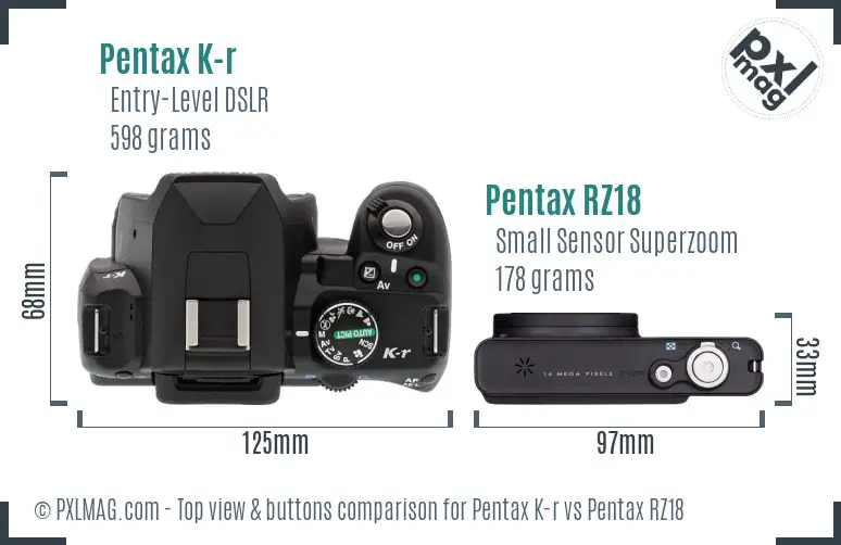 Pentax K-r vs Pentax RZ18 top view buttons comparison