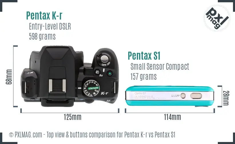 Pentax K-r vs Pentax S1 top view buttons comparison