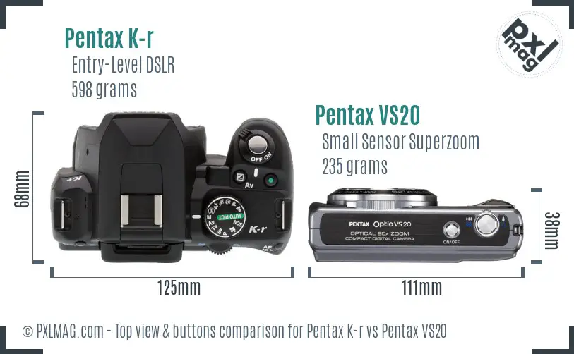 Pentax K-r vs Pentax VS20 top view buttons comparison