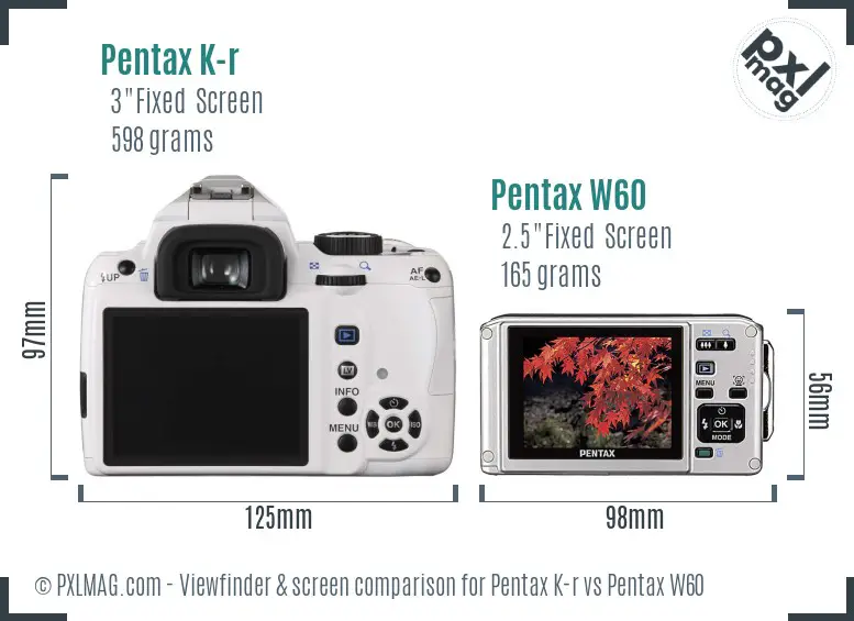 Pentax K-r vs Pentax W60 Screen and Viewfinder comparison