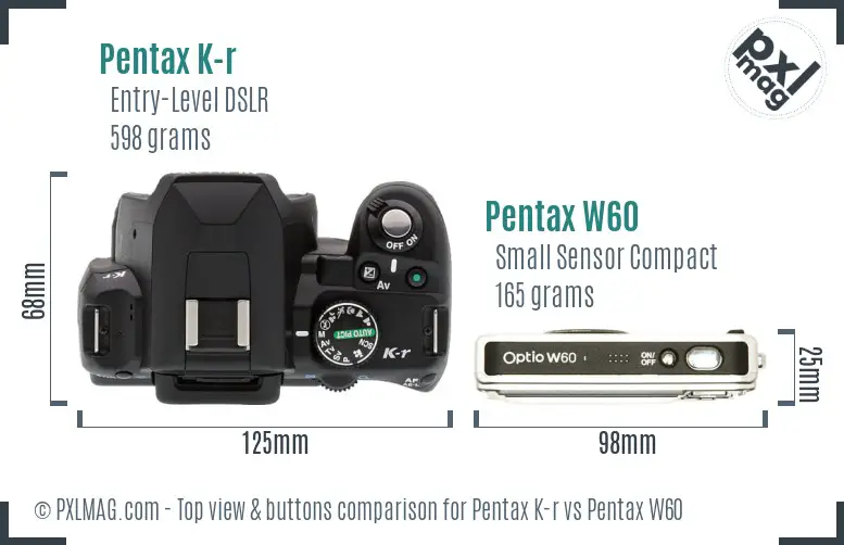 Pentax K-r vs Pentax W60 top view buttons comparison
