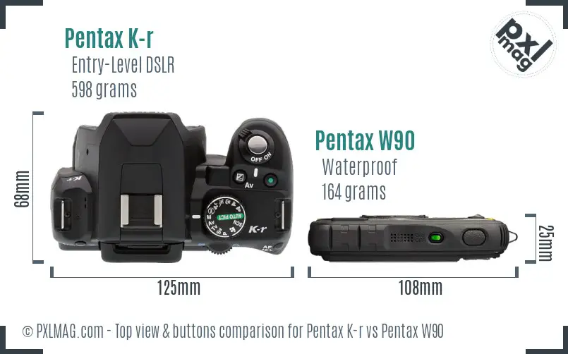 Pentax K-r vs Pentax W90 top view buttons comparison