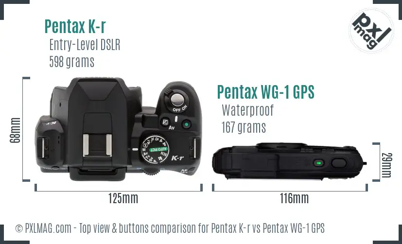 Pentax K-r vs Pentax WG-1 GPS top view buttons comparison