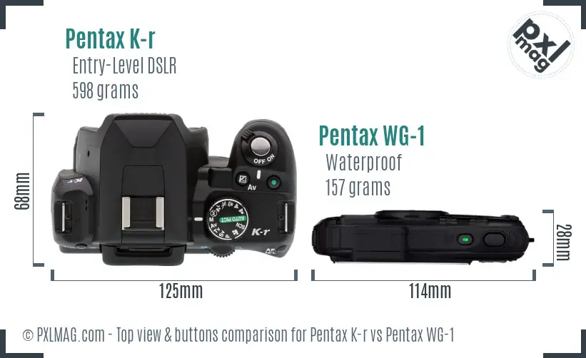 Pentax K-r vs Pentax WG-1 top view buttons comparison
