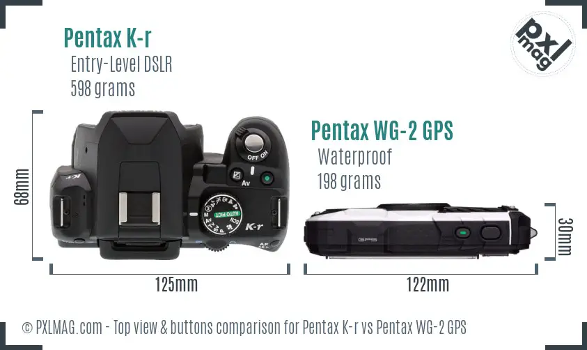 Pentax K-r vs Pentax WG-2 GPS top view buttons comparison