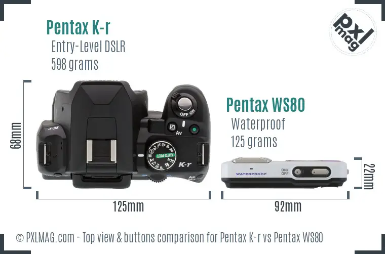 Pentax K-r vs Pentax WS80 top view buttons comparison