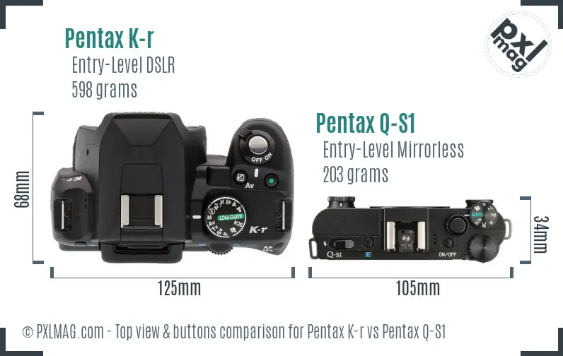 Pentax K-r vs Pentax Q-S1 top view buttons comparison