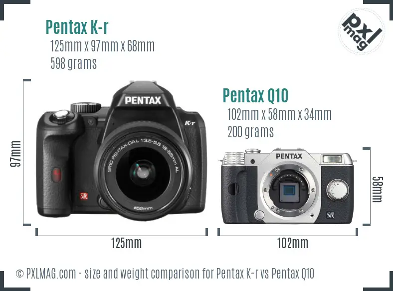 Pentax K-r vs Pentax Q10 size comparison