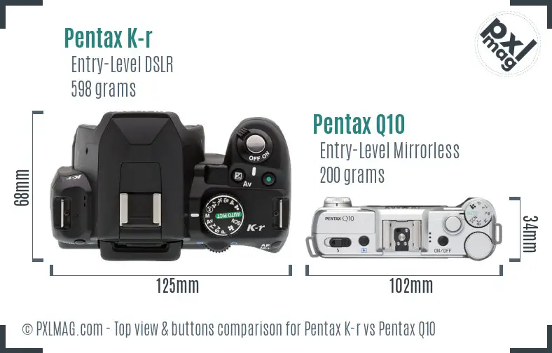 Pentax K-r vs Pentax Q10 top view buttons comparison