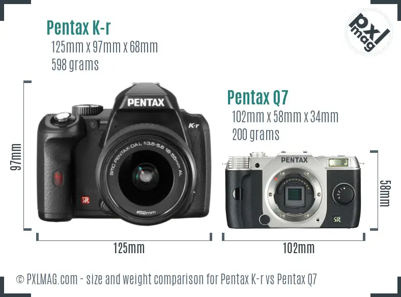 Pentax K-r vs Pentax Q7 size comparison