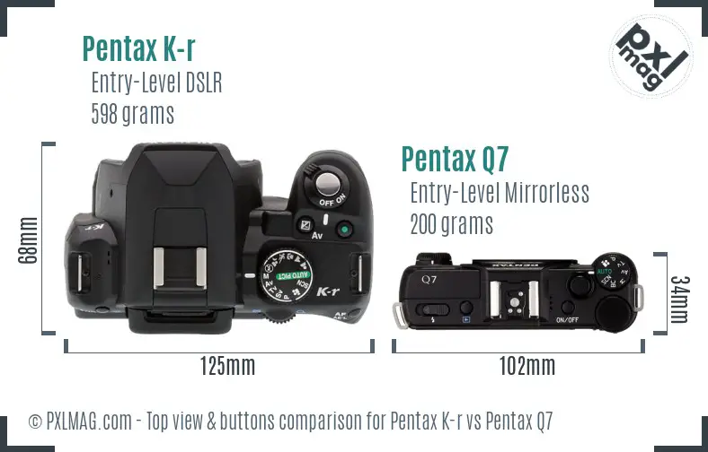 Pentax K-r vs Pentax Q7 top view buttons comparison