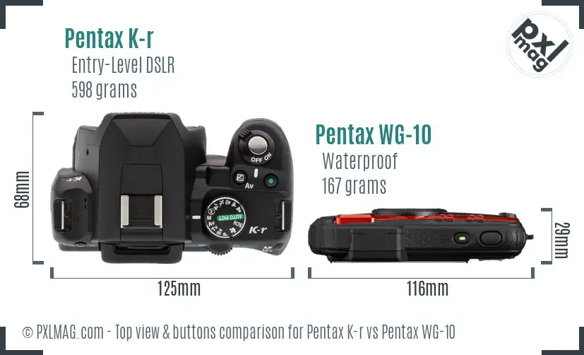 Pentax K-r vs Pentax WG-10 top view buttons comparison